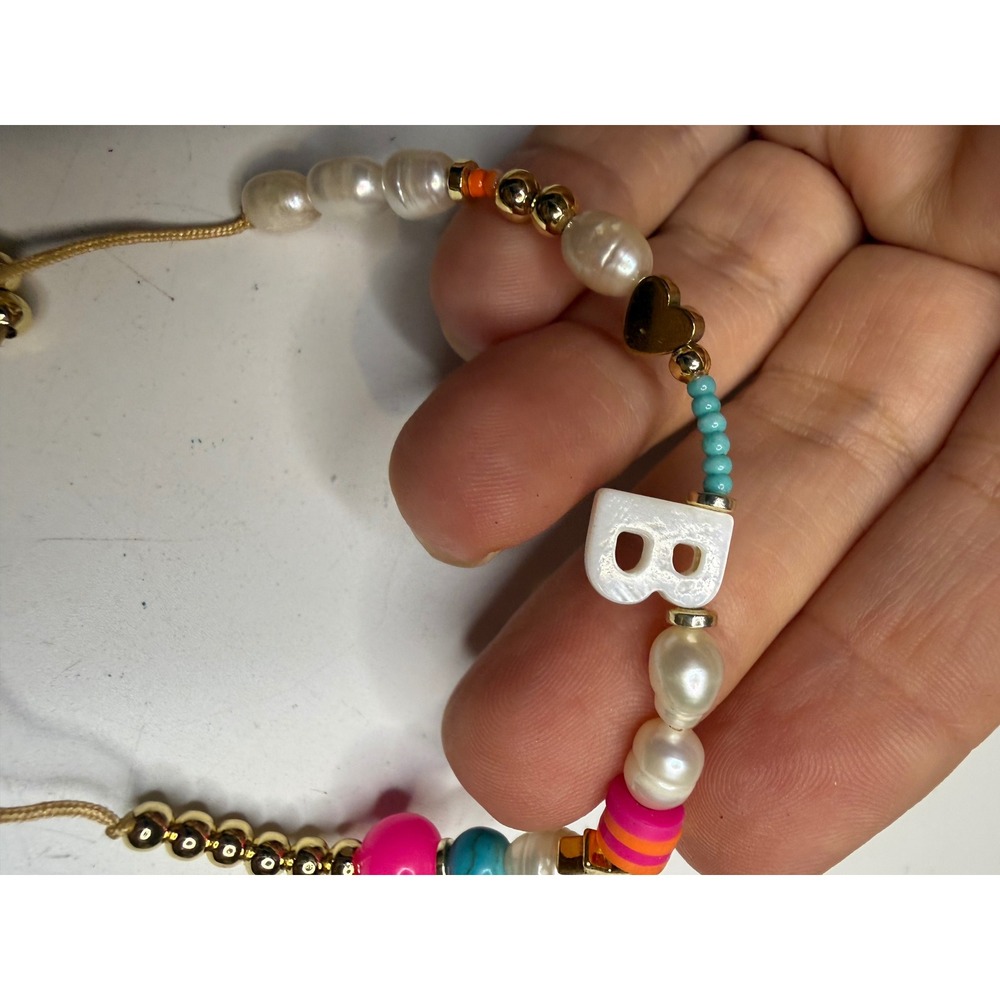 Gold Cord Adjustable Initial B Bracelet Freshwater Pearl Star Charm Multicolor